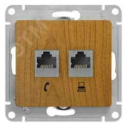 GLOSSA Розетка двойная телефон/компьютер RJ11+RJ45 категория 5е дуб в рамку