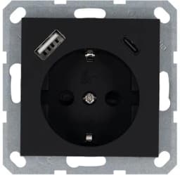 Розетка Shuko 16А с заземл. защ. шторки с 2-мя заряд. устройствами USB тип A+C 25Вт механизм черн. матов. soft touch Jasmart G5501USB-25PB