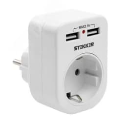 Переходник сетевой с/з c 2 USB 2,1А, STEKKER, 250В, 16A, IP20, белый
