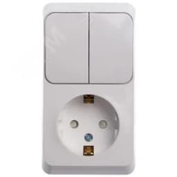 ЭТЮД Блок открытой установки Розетка с заземлением со шторками + Выключатель двухклавишный белый Systeme Electric