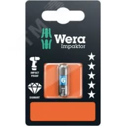 Бита ударная под внутренний шестигранник 840/1 IMP DC Impaktor Hex-Plus SB алмазное покрытие хвостовик шестигранный 1/4 C 6.3 6X25 мм с держателем-еврослот для подвеса WERA