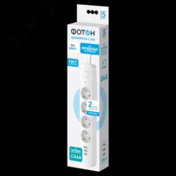 Удлинитель сетевой c USB ФОТОН 16-24ES-USB/A3, 2 м, 4 розетки, 16А,с заземл.,с выкл.,3 USB-A,3,4A,бел.