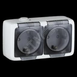 Alfa Розетка двухместная, с пылевлагозащитой, со шторками, с заземляющими контактами, открытой установки, слоновая кость