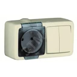 Alfa Блок с пылевлагозащитой, розетка одноместная, с заземляющими контактами, выключатель двухклавишный, слоновая кость HEGEL