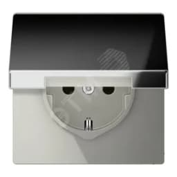 Штепсельная розетка SCHUKO одинарная, с заземлением, с шторками, с откидной крышкой, 16A, 250В  (механизм + накладка, без рамки). Серия LS990  Материал- металл  Цвет- полированный хром JUNG