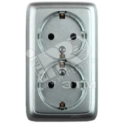 Розетка двойная наружная с заземлением с изоляционной пластиной серебро (стакан)