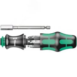 Набор бит с рукояткой-битодержателем и патроном Rapidaptor 6 предметов комплектация: 2x 851/1 Z Насадки: PH 1x25 PH 2x25 2x 868/1 Z Насадки для винтов с внутренним квадратом: # 1x25 # 2x25 2x 800/1 Z Насадки: 1.0x5.5x25 1.2x6.5x25. Набор Kraftfo