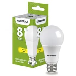 Лампа светодиодная A60 груша 8Вт 230В 3000К E27 GENERICA