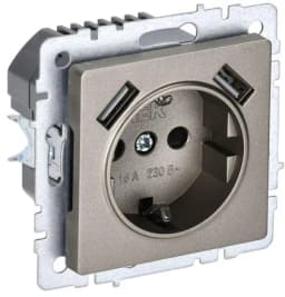 Розетка BRITE РЮш10-2-БрШ 16А с USB A+A 3.1А с заземл. защ. шторки механизм шампань IEK BR-R14-16-U21-D31-K37
