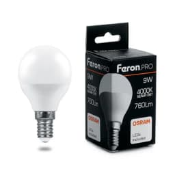 Лампа светодиодная FeronPRO LB1409 Шарик E14 9W 4000K OSRAM LED 38078